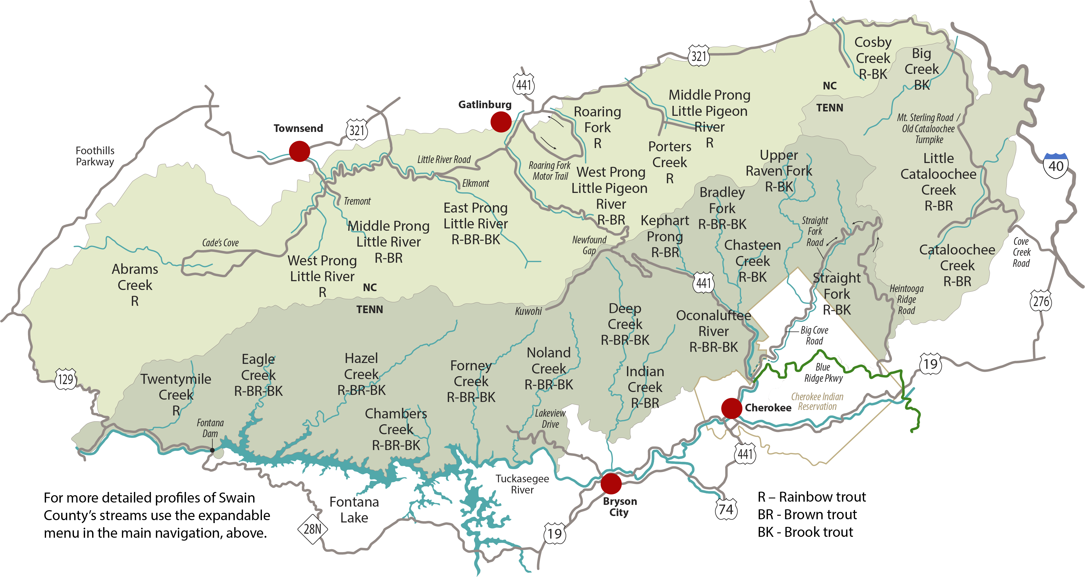 Smoky Mountain Fishing Map Where Can You Fish For Trout In The Great Smoky Mountains National Park?  Brook Trout - Map By Trout Species