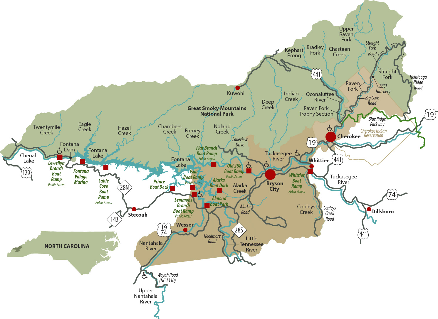 Tuckasegee River Access Map Bryson City Nc Area Fishing Map For The Smokies, Including Cherokee Indian  Reservation And Fontana Lake